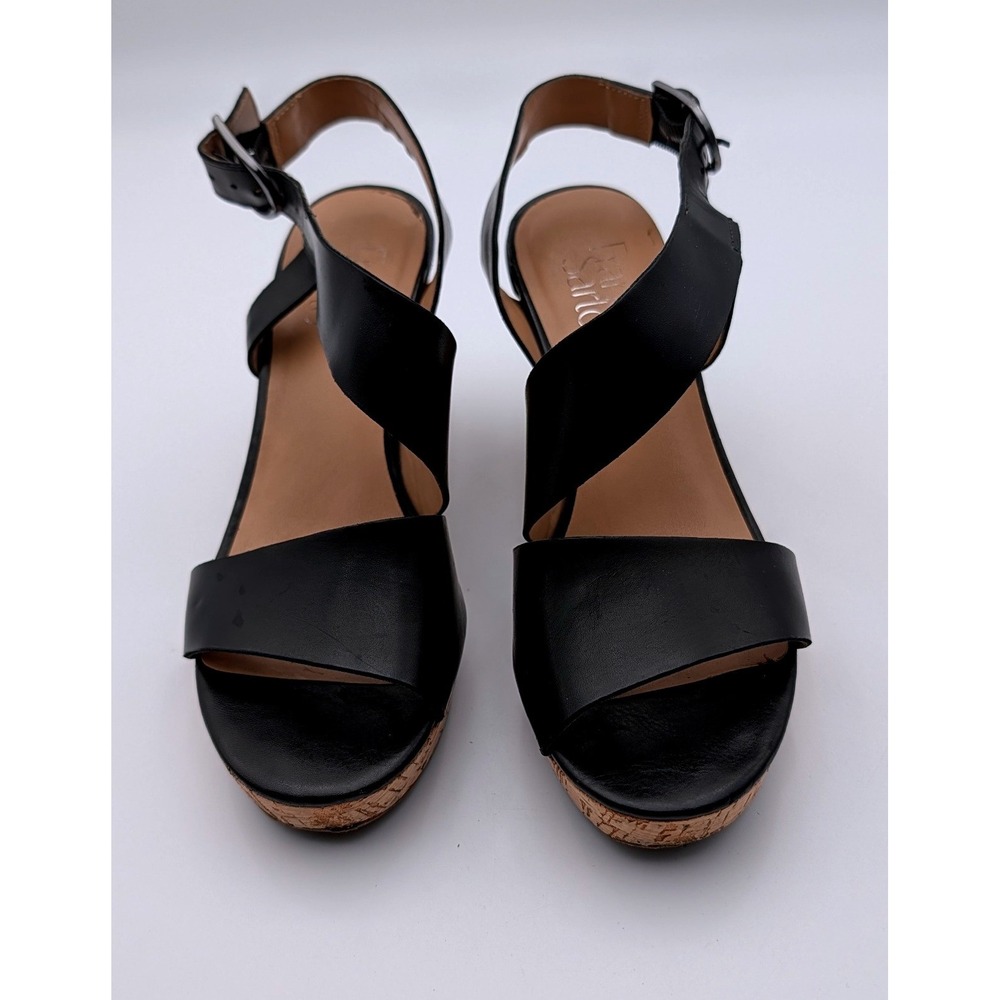 Franco Sarto Womens Black Leather Cork Wedge Sandals Ankle Strap Open Toe 3.25in